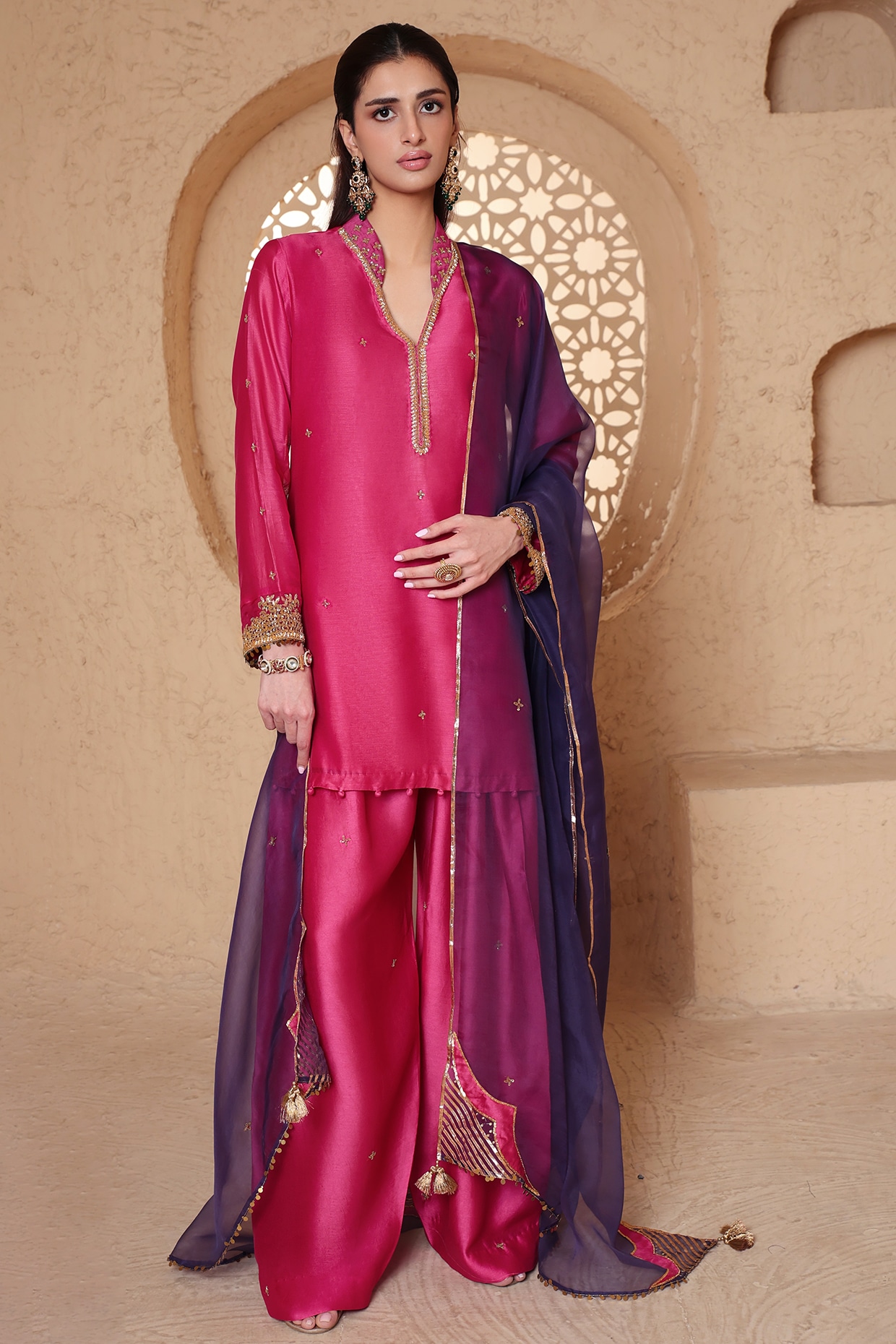 Niti Bothra Pink Silk Chanderi Zardozi Embroidered Short Kurta Set