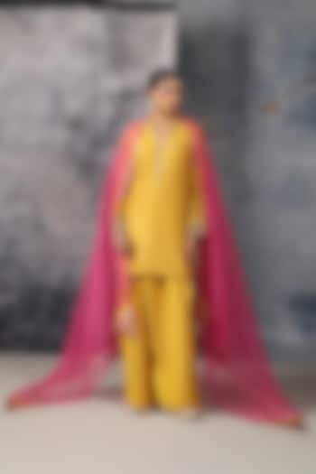   Yellow Silk Chanderi Zardozi Embroidered Short Kurta Set  by Niti Bothra at Pernia's Pop Up Shop