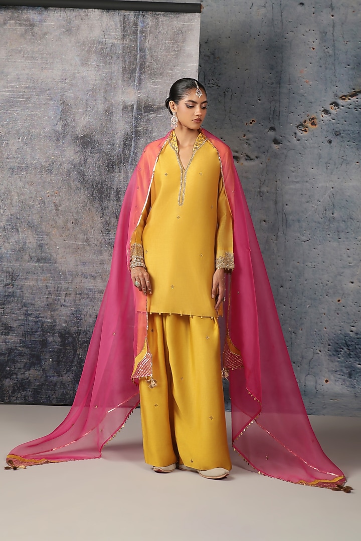   Yellow Silk Chanderi Zardozi Embroidered Short Kurta Set  by Niti Bothra at Pernia's Pop Up Shop