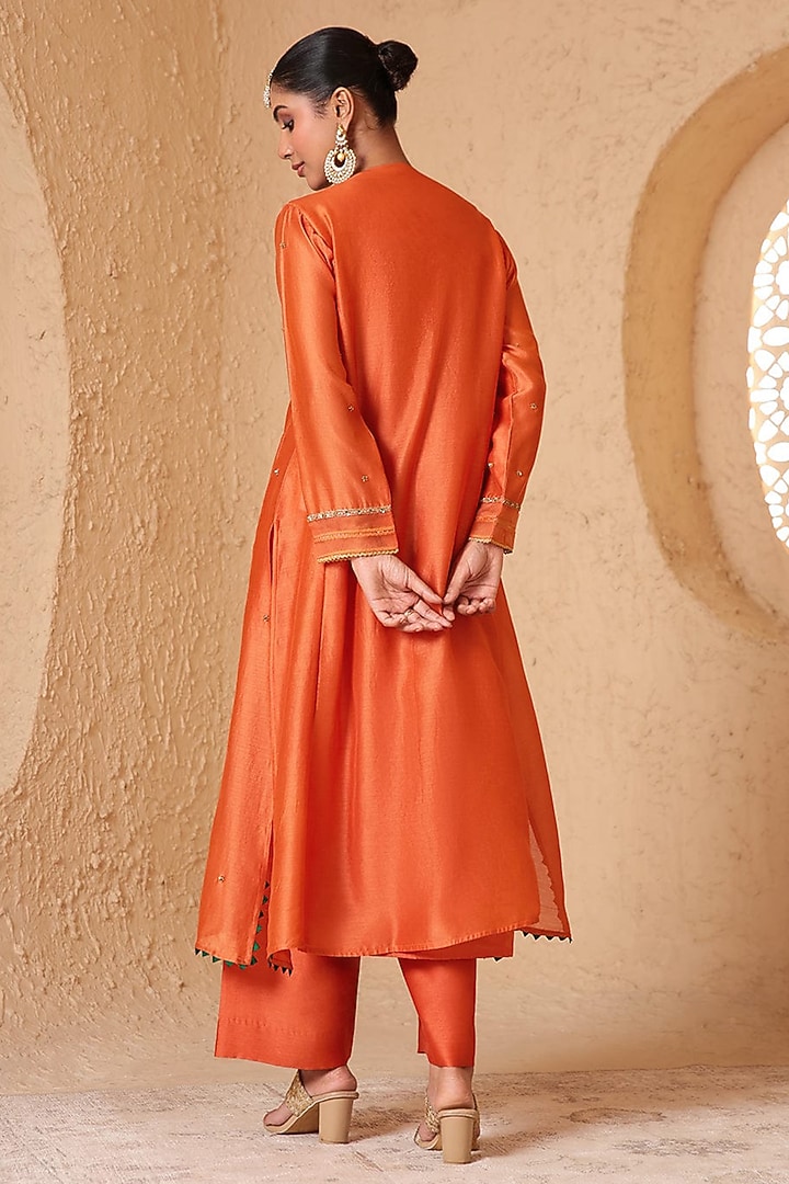 Orange Silk Chanderi Applique Embroidered Kurta Set by Niti Bothra at Pernia's Pop Up Shop