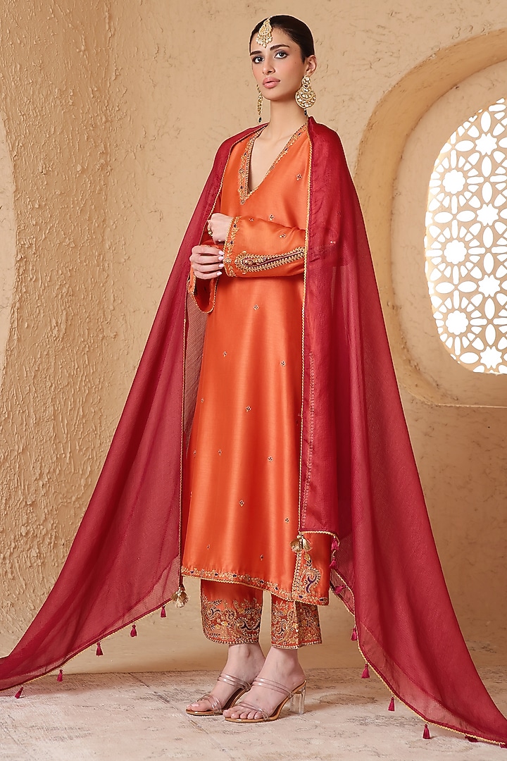 Orange Silk Chanderi Applique Embroidered Kurta Set by Niti Bothra at Pernia's Pop Up Shop