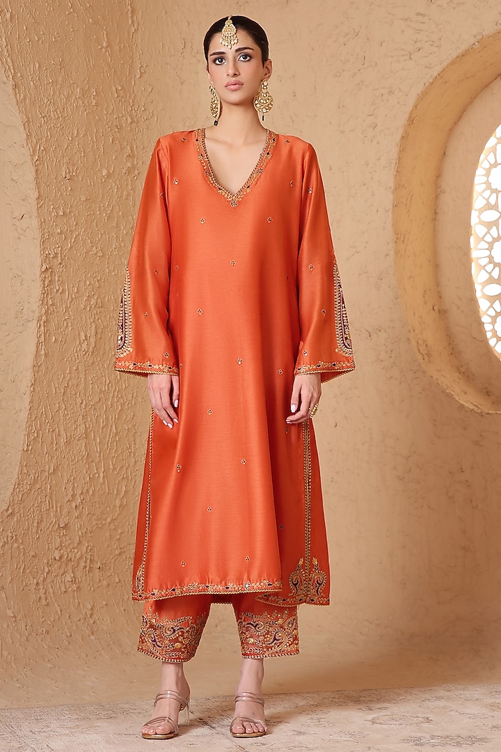 Orange Silk Chanderi Applique Embroidered Kurta Set by Niti Bothra at Pernia's Pop Up Shop