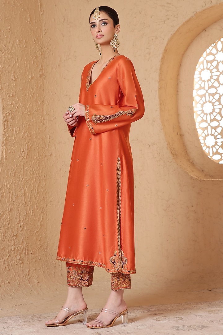 Orange Silk Chanderi Applique Embroidered Kurta Set by Niti Bothra at Pernia's Pop Up Shop