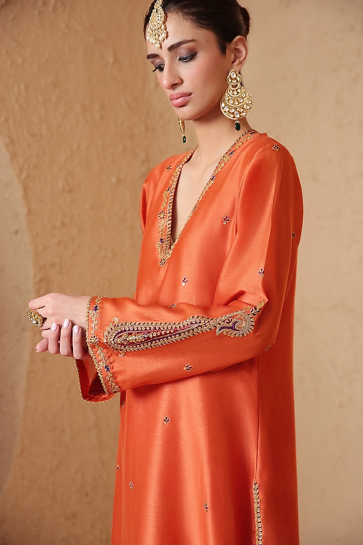 Orange Silk Chanderi Applique Embroidered Kurta Set by Niti Bothra at Pernia's Pop Up Shop