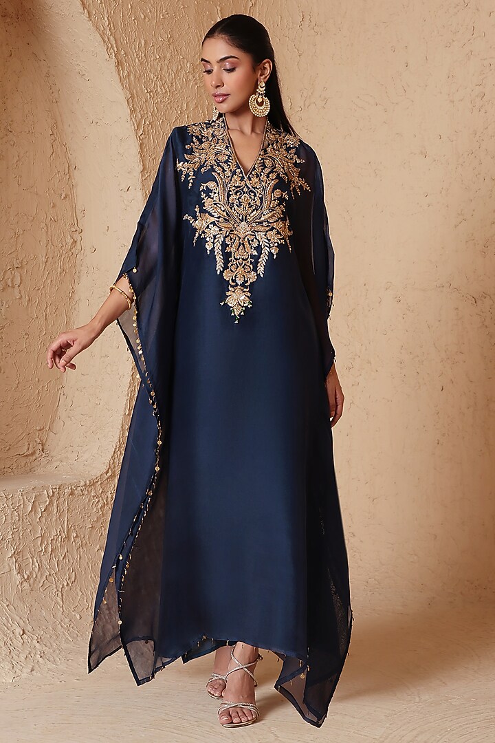 Blue Organza Resham Embroidered Kaftan by Niti Bothra at Pernia's Pop Up Shop