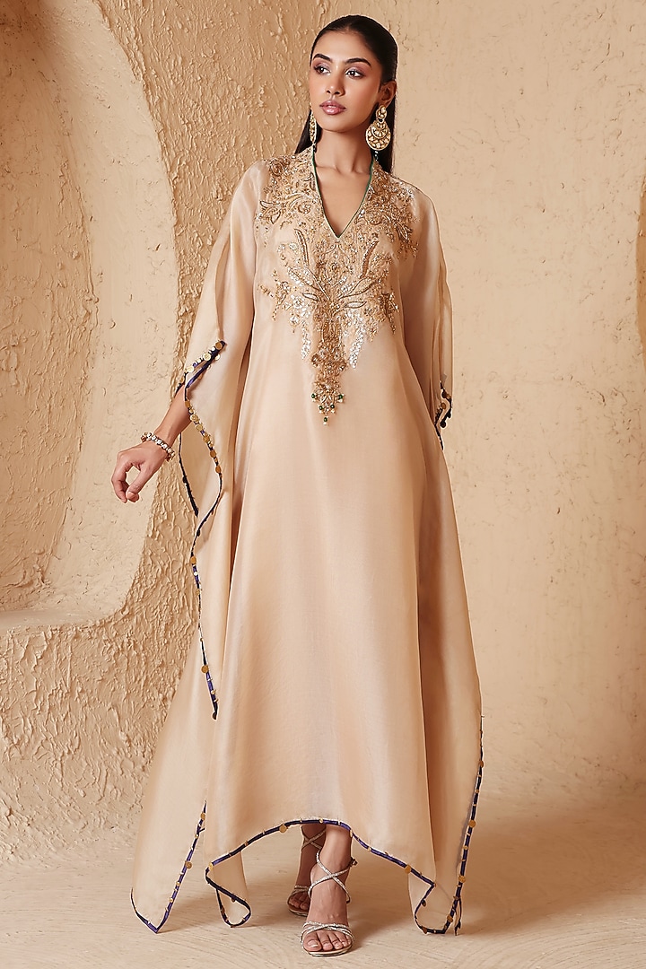 Ivory Organza Resham Embroidered Kaftan by Niti Bothra at Pernia's Pop Up Shop