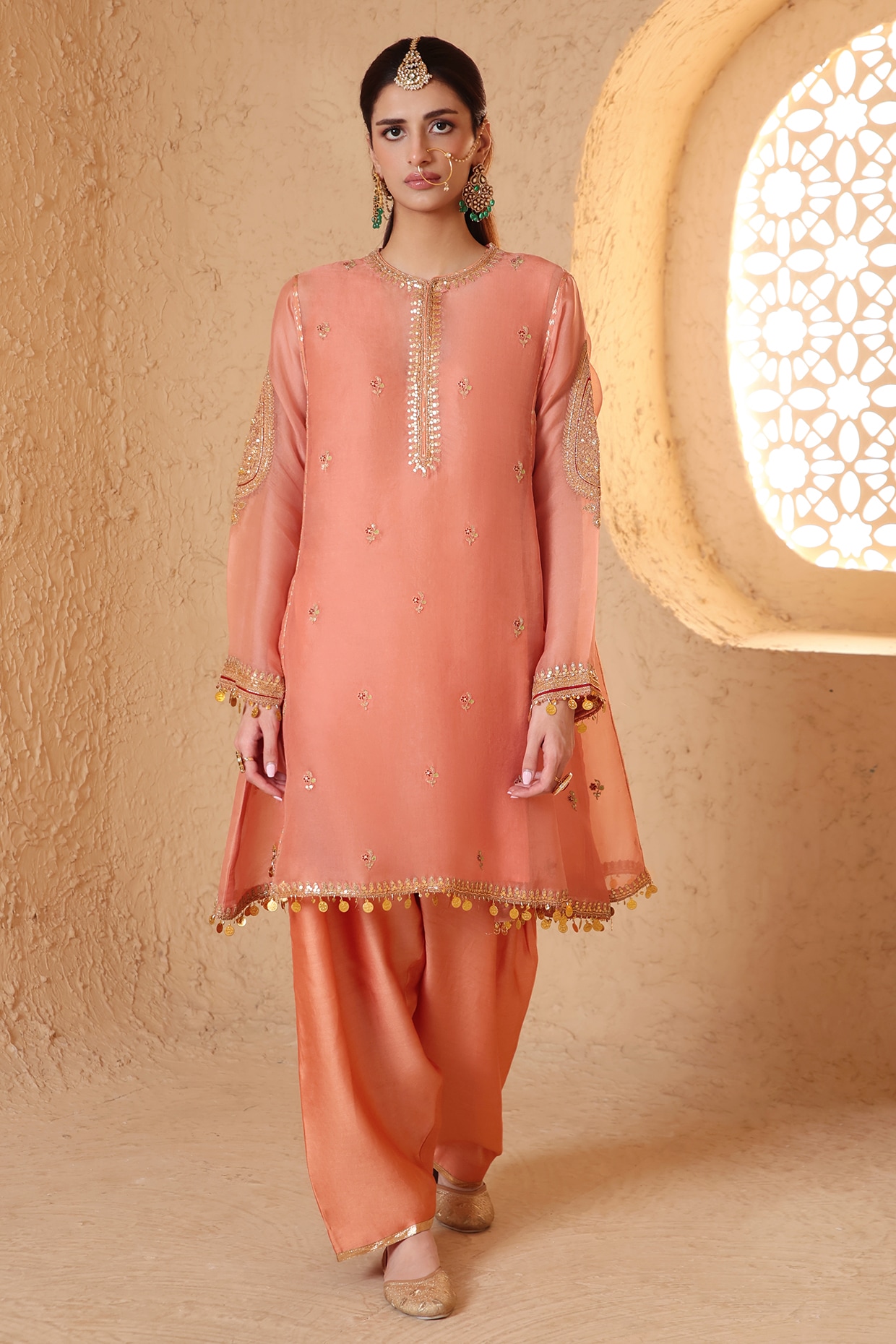 Niti Bothra Peach Organza Zardosi Embroidered Short Kurta Set