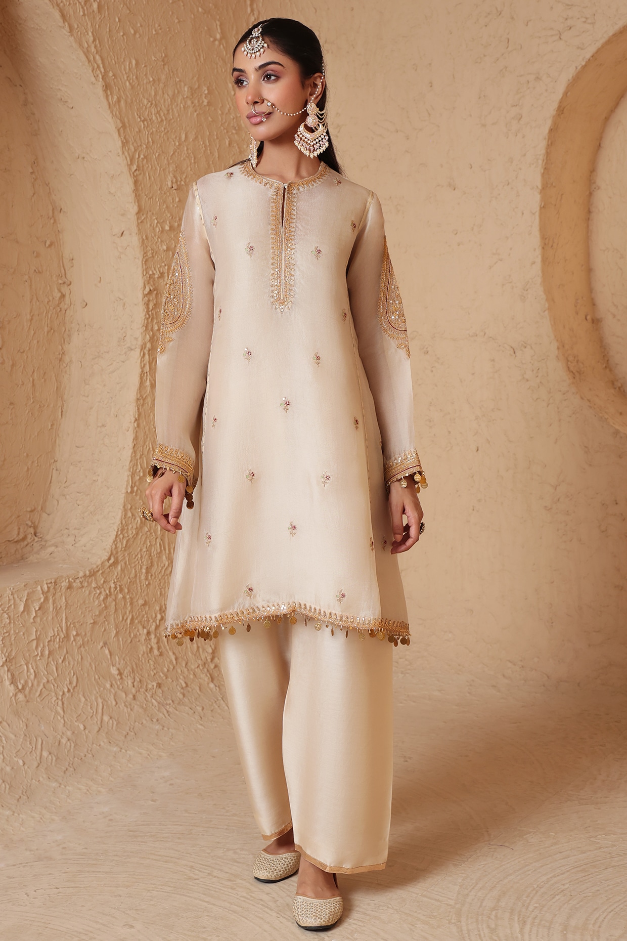 Niti Bothra Ivory Organza Zardosi Embroidered Short Kurta Set