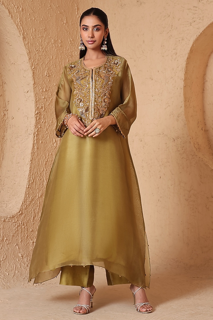 Olive Green Organza & Silk Tencel Zardozi Embroidered Kurta Set by Niti Bothra at Pernia's Pop Up Shop
