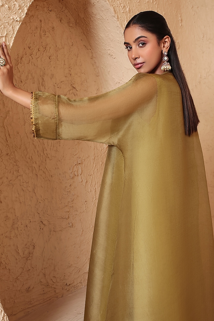 Olive Green Organza & Silk Tencel Zardozi Embroidered Kurta Set by Niti Bothra at Pernia's Pop Up Shop