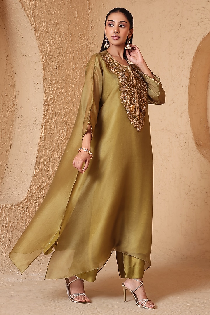 Olive Green Organza & Silk Tencel Zardozi Embroidered Kurta Set by Niti Bothra at Pernia's Pop Up Shop