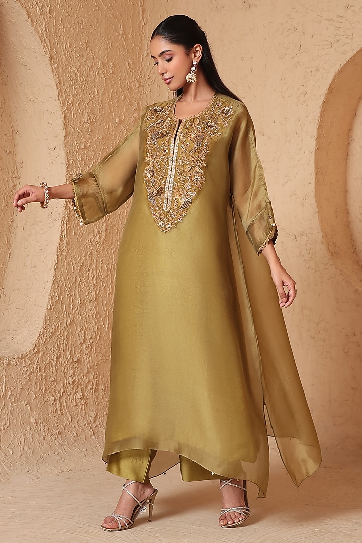 Olive Green Organza & Silk Tencel Zardozi Embroidered Kurta Set by Niti Bothra at Pernia's Pop Up Shop