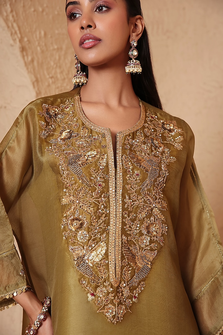 Olive Green Organza & Silk Tencel Zardozi Embroidered Kurta Set by Niti Bothra at Pernia's Pop Up Shop