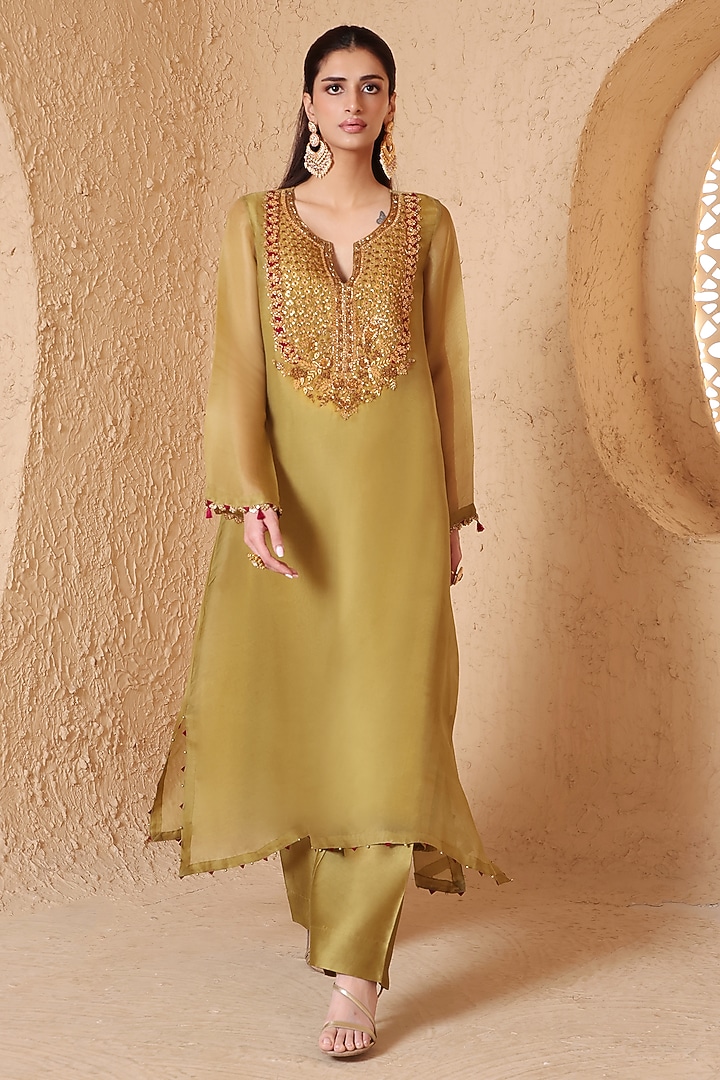 Olive Green Organza & Silk Tencel Zardozi Embroidered Kurta Set by Niti Bothra at Pernia's Pop Up Shop