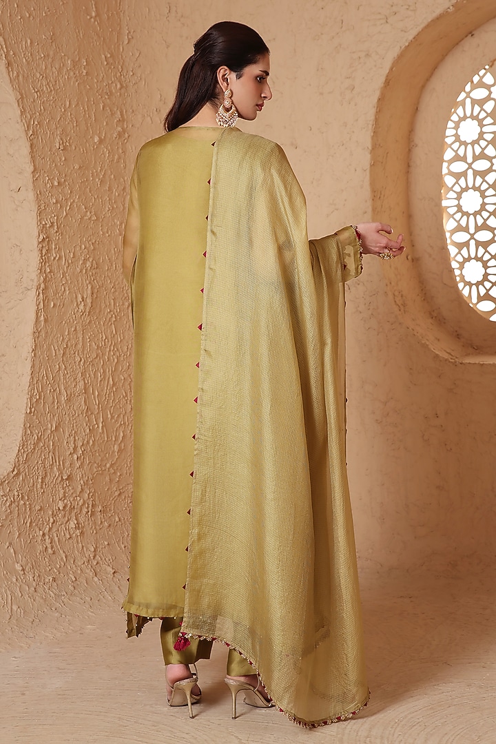 Olive Green Organza & Silk Tencel Zardozi Embroidered Kurta Set by Niti Bothra at Pernia's Pop Up Shop