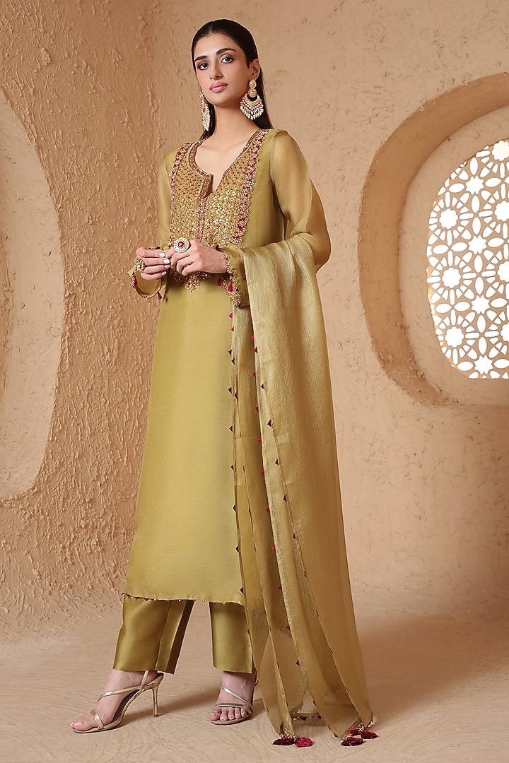 Olive Green Organza & Silk Tencel Zardozi Embroidered Kurta Set by Niti Bothra at Pernia's Pop Up Shop