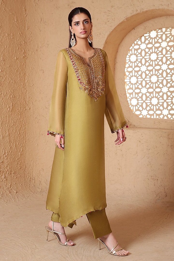 Olive Green Organza & Silk Tencel Zardozi Embroidered Kurta Set by Niti Bothra at Pernia's Pop Up Shop