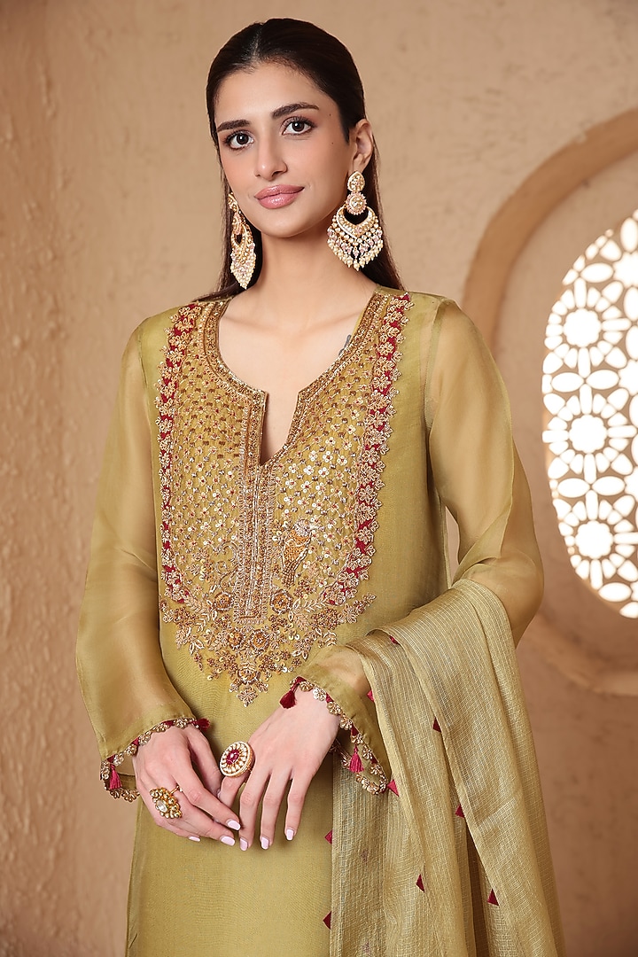 Olive Green Organza & Silk Tencel Zardozi Embroidered Kurta Set by Niti Bothra at Pernia's Pop Up Shop