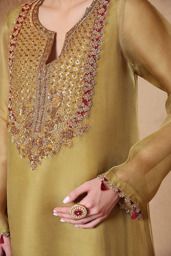 Olive Green Organza & Silk Tencel Zardozi Embroidered Kurta Set by Niti Bothra at Pernia's Pop Up Shop