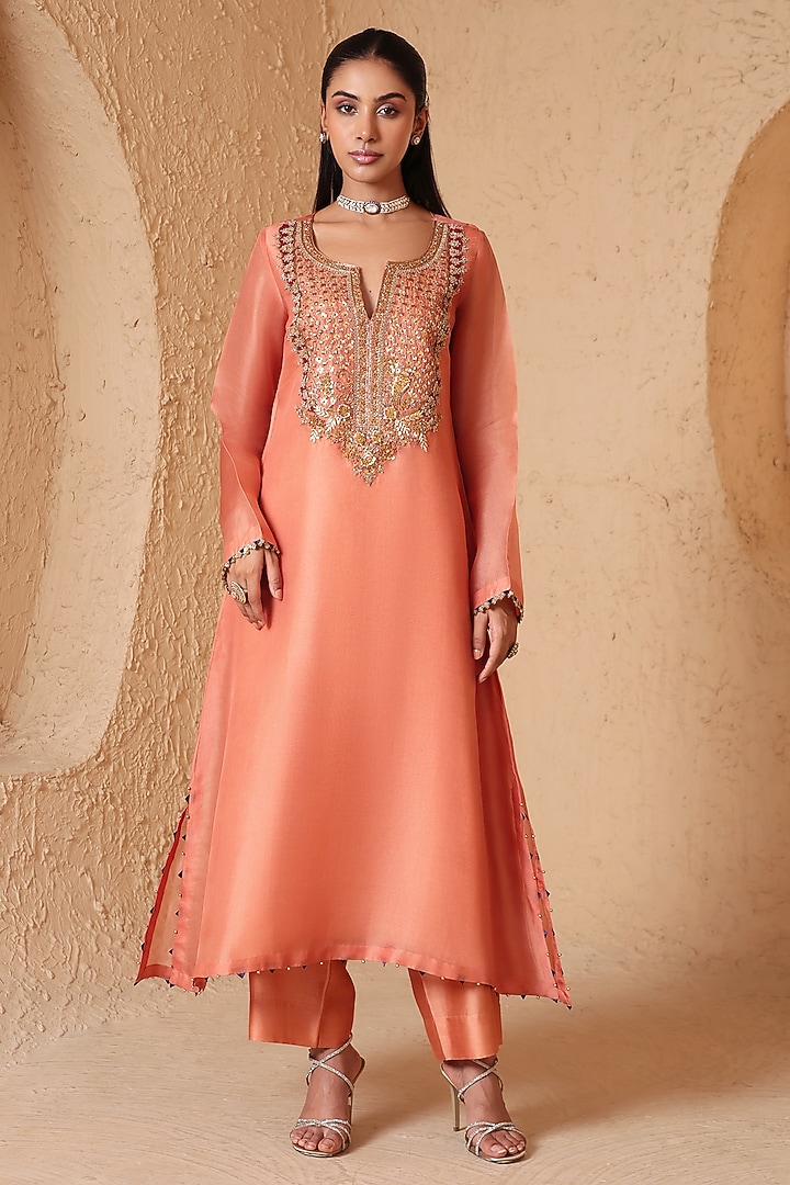  Peach Organza & Silk Tencel Zardozi Embroidered Kurta Set  by Niti Bothra at Pernia's Pop Up Shop