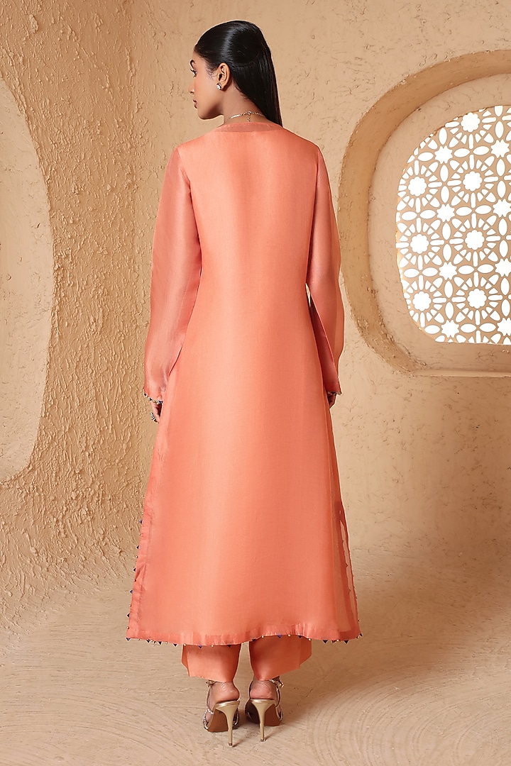 Peach Organza & Silk Tencel Zardozi Embroidered Kurta Set  by Niti Bothra at Pernia's Pop Up Shop