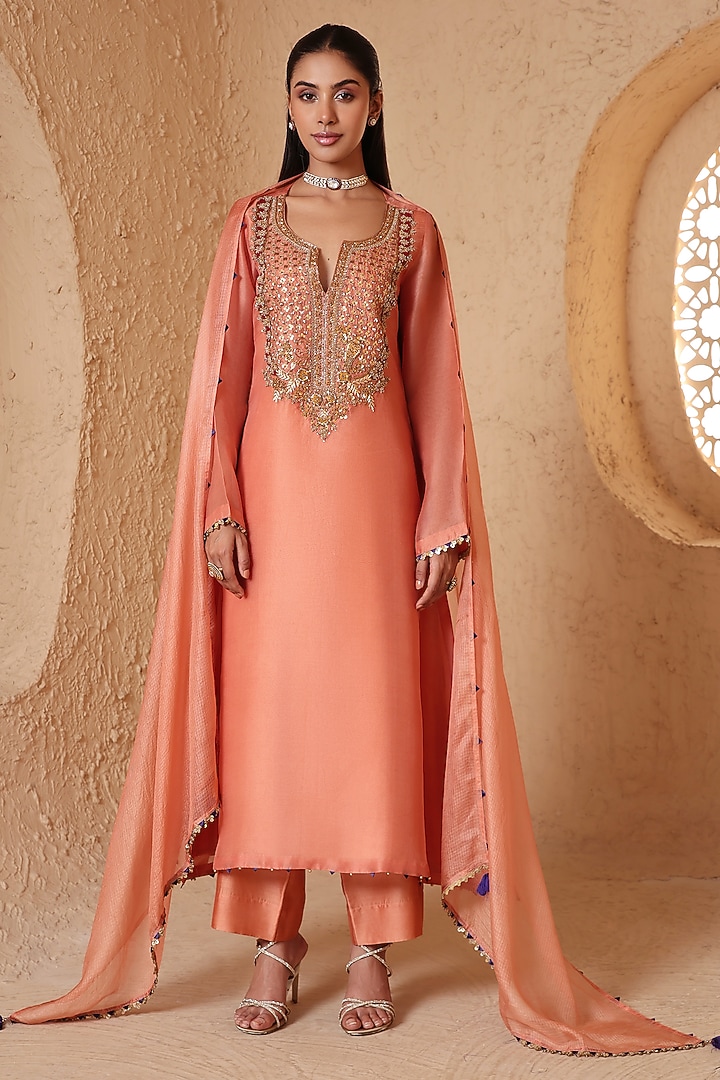  Peach Organza & Silk Tencel Zardozi Embroidered Kurta Set  by Niti Bothra at Pernia's Pop Up Shop