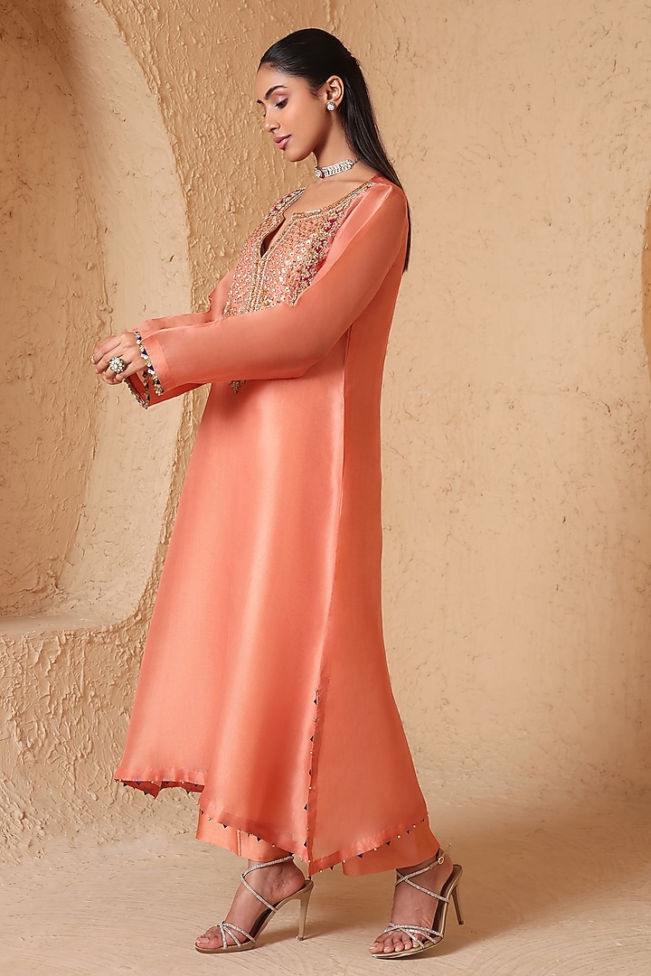 Peach Organza & Silk Tencel Zardozi Embroidered Kurta Set  by Niti Bothra at Pernia's Pop Up Shop