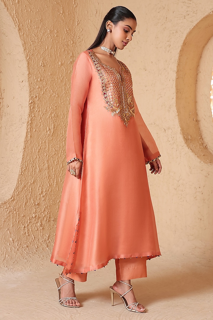  Peach Organza & Silk Tencel Zardozi Embroidered Kurta Set  by Niti Bothra at Pernia's Pop Up Shop