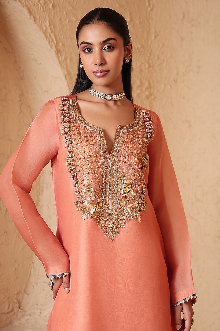  Peach Organza & Silk Tencel Zardozi Embroidered Kurta Set  by Niti Bothra at Pernia's Pop Up Shop