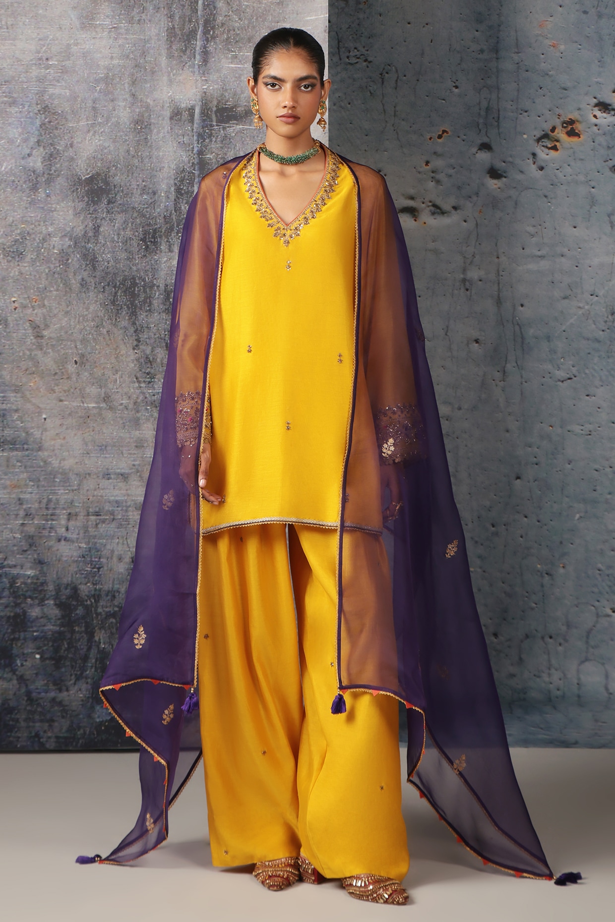 Niti Bothra Yellow Silk Chanderi Zardozi Embroidered Short Kurta Set