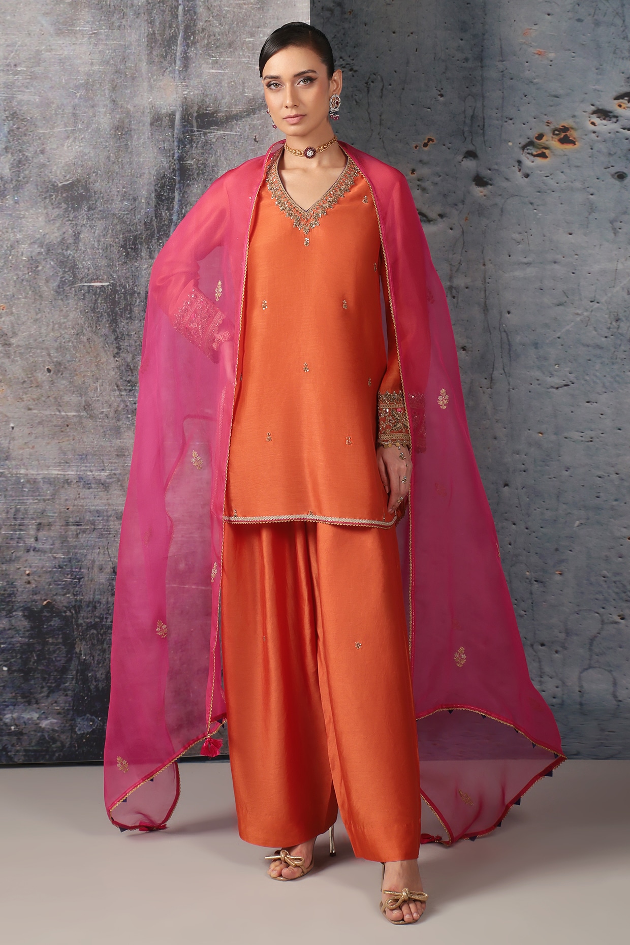 Niti Bothra Orange Silk Chanderi Zardozi Embroidered Short Kurta Set