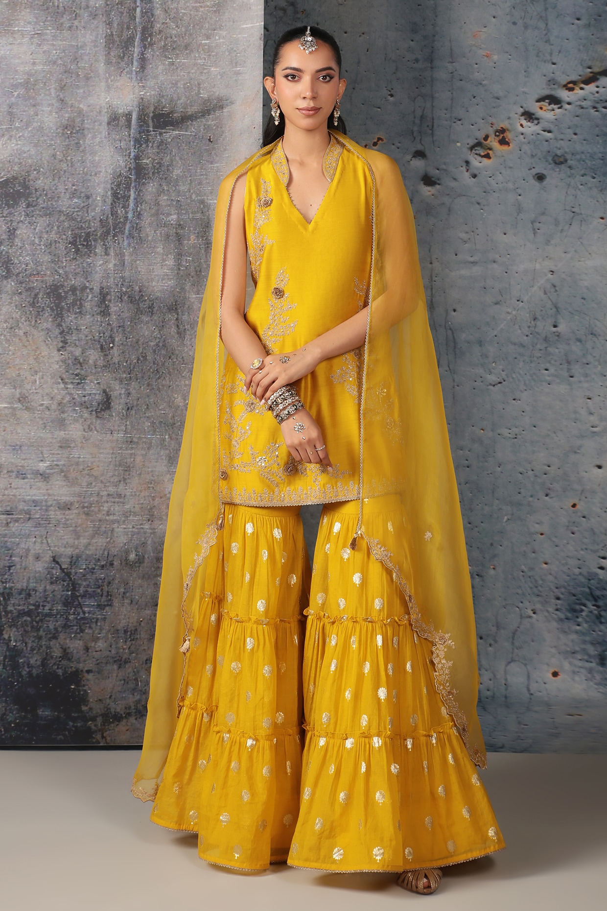 Niti Bothra Yellow Banarasi & Silk Chanderi Embroidered Sharara Set