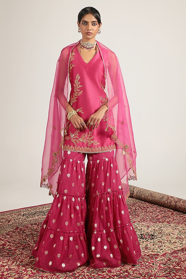 Pink Banarasi & Silk Chanderi Embroidered Wedding Sharara Set by Niti Bothra at Pernia's Pop Up Shop