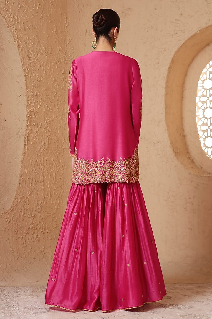Pink Banarasi & Silk Chanderi Embroidered Wedding Sharara Set by Niti Bothra at Pernia's Pop Up Shop