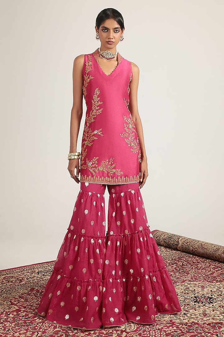 Pink Banarasi & Silk Chanderi Embroidered Wedding Sharara Set by Niti Bothra at Pernia's Pop Up Shop