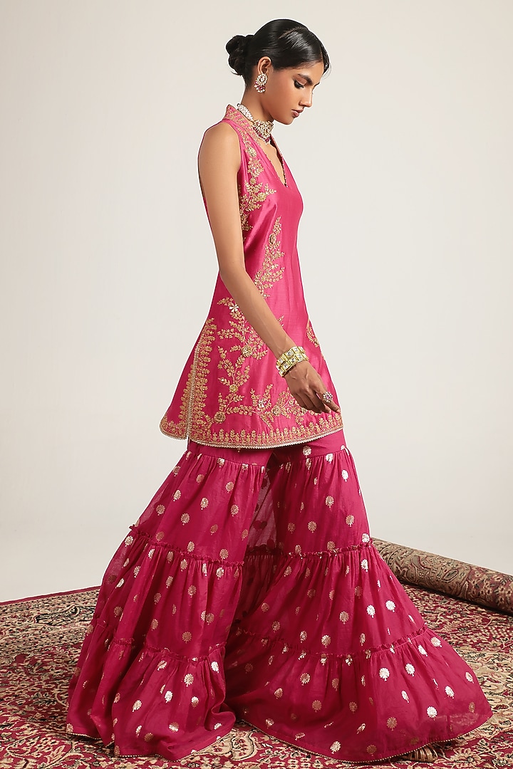 Pink Banarasi & Silk Chanderi Embroidered Wedding Sharara Set by Niti Bothra at Pernia's Pop Up Shop