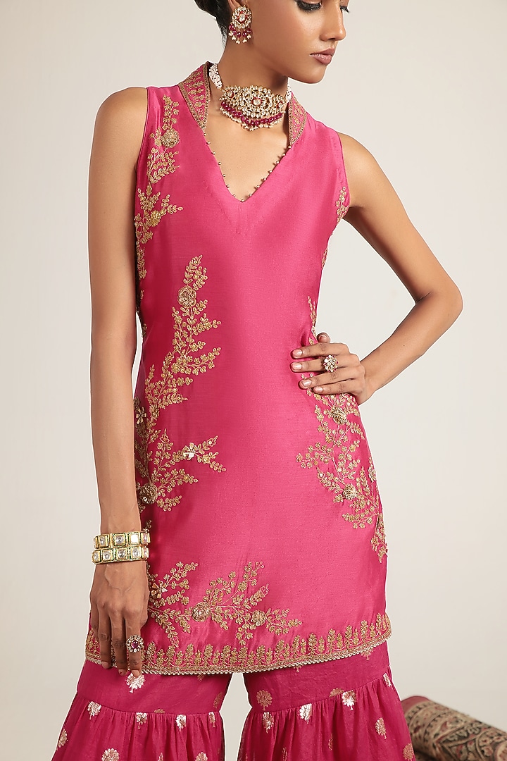 Pink Banarasi & Silk Chanderi Embroidered Wedding Sharara Set by Niti Bothra at Pernia's Pop Up Shop