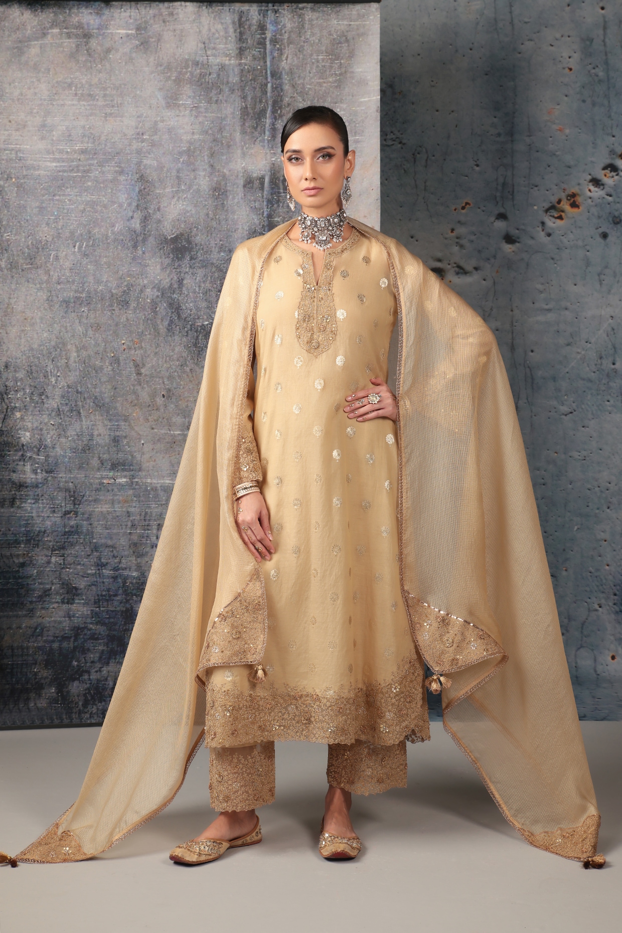 Niti Bothra Ivory Silk Chanderi Embroidered Farshi Kurta Set