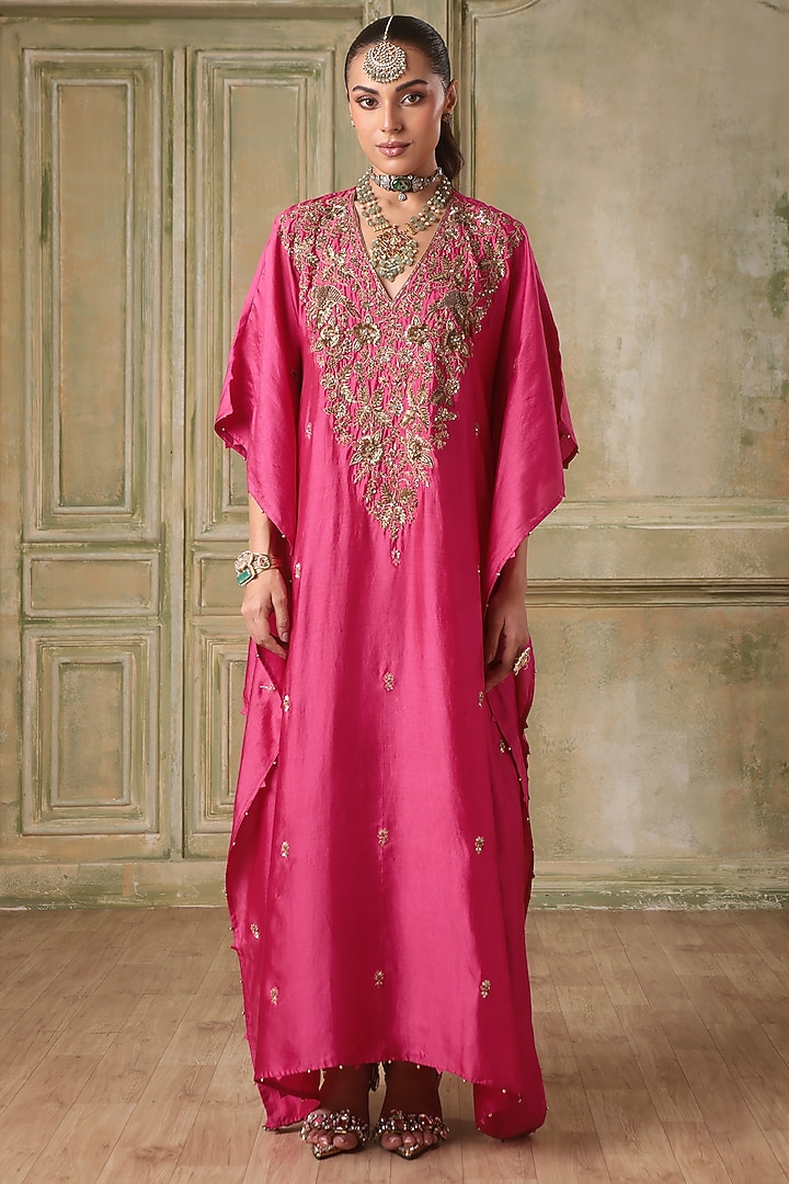 Pink Chiniya Silk Zardosi Embroidered Kaftan With Inner by Niti Bothra at Pernia's Pop Up Shop