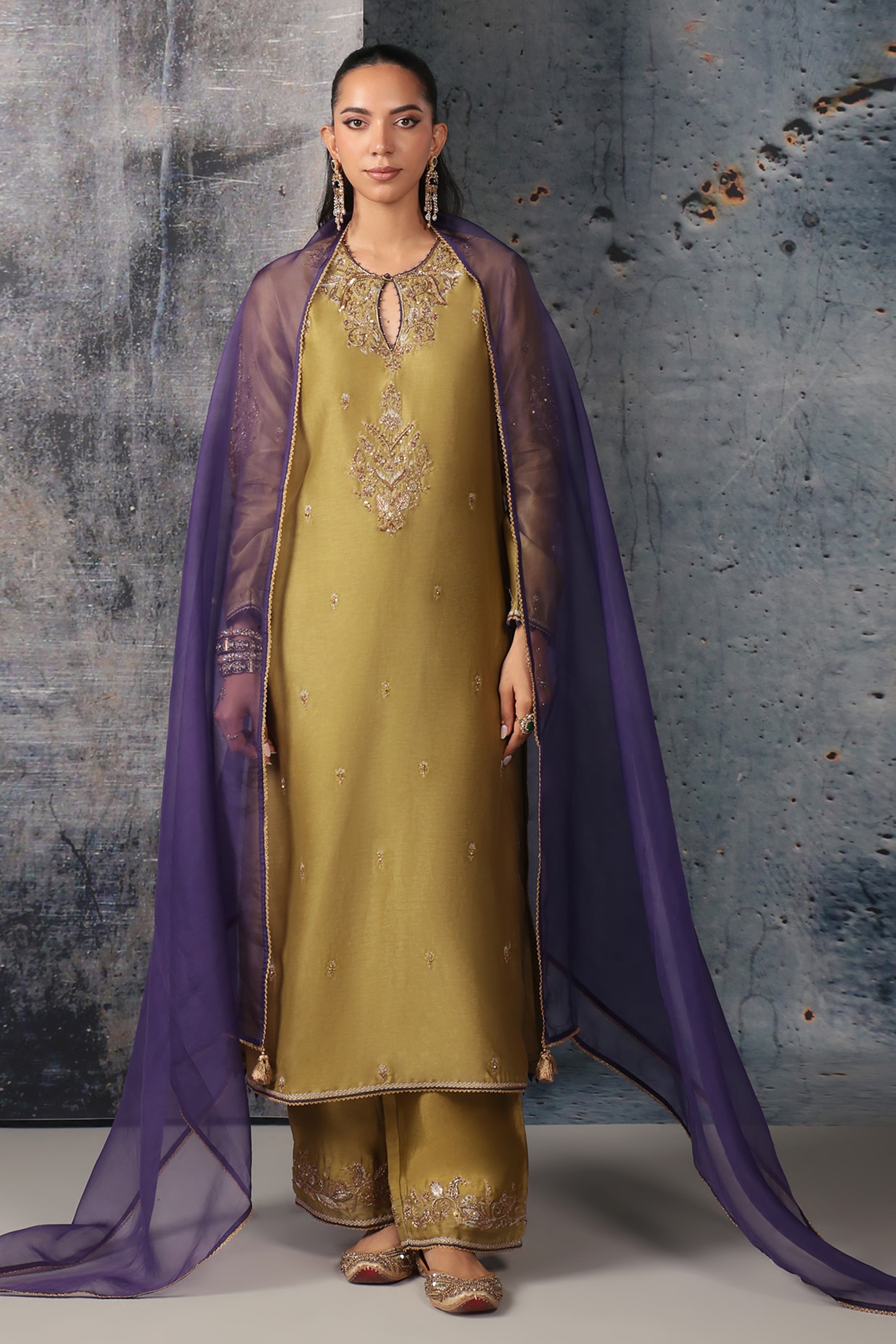 Niti Bothra Olive Green Silk Chanderi Embroidered Long Kurta Set