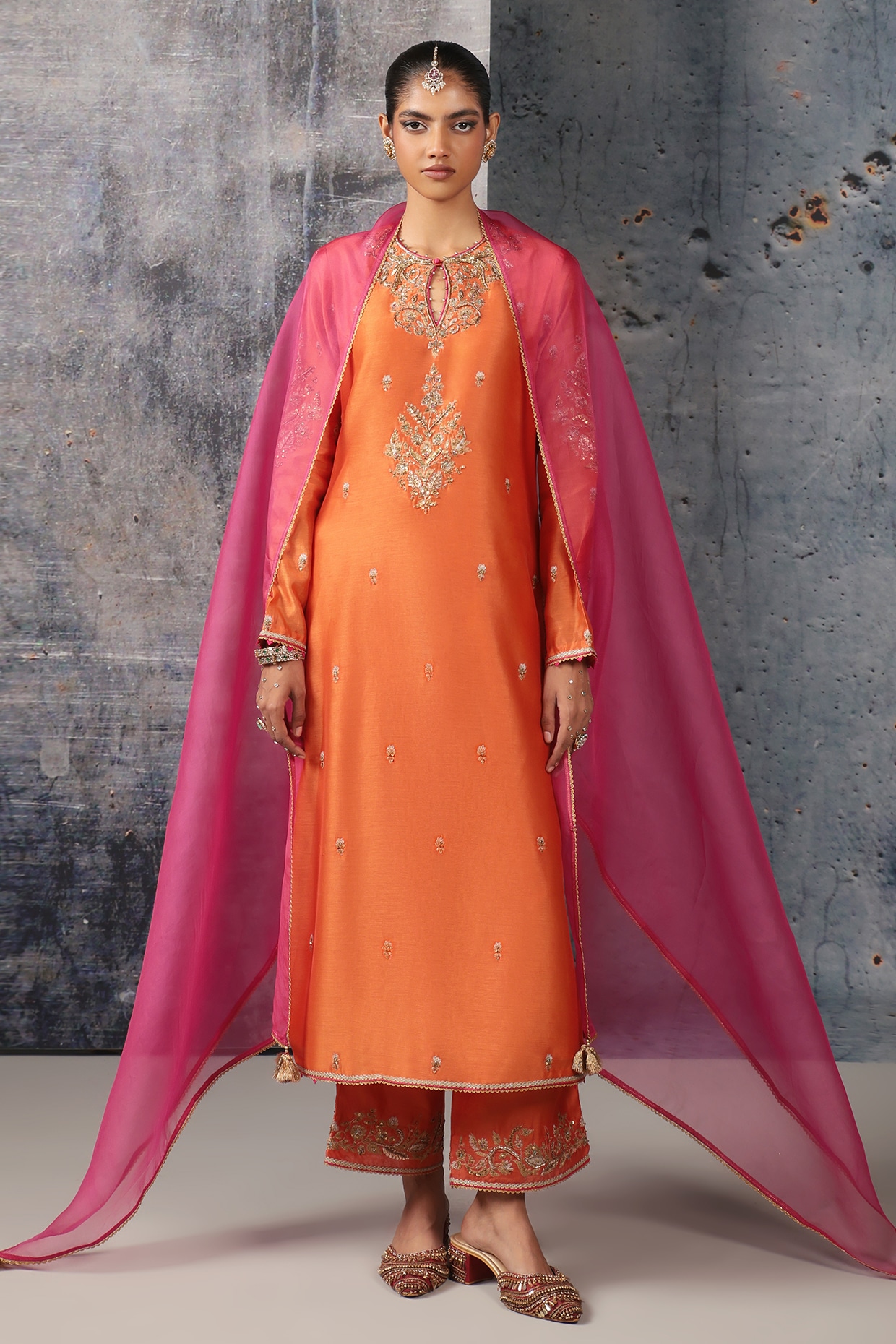 Niti Bothra Orange Silk Chanderi Zardosi Embroidered Long Kurta Set