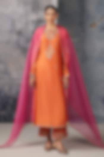 Orange Silk Chanderi Zardosi Embroidered Long Kurta Set by Niti Bothra at Pernia's Pop Up Shop