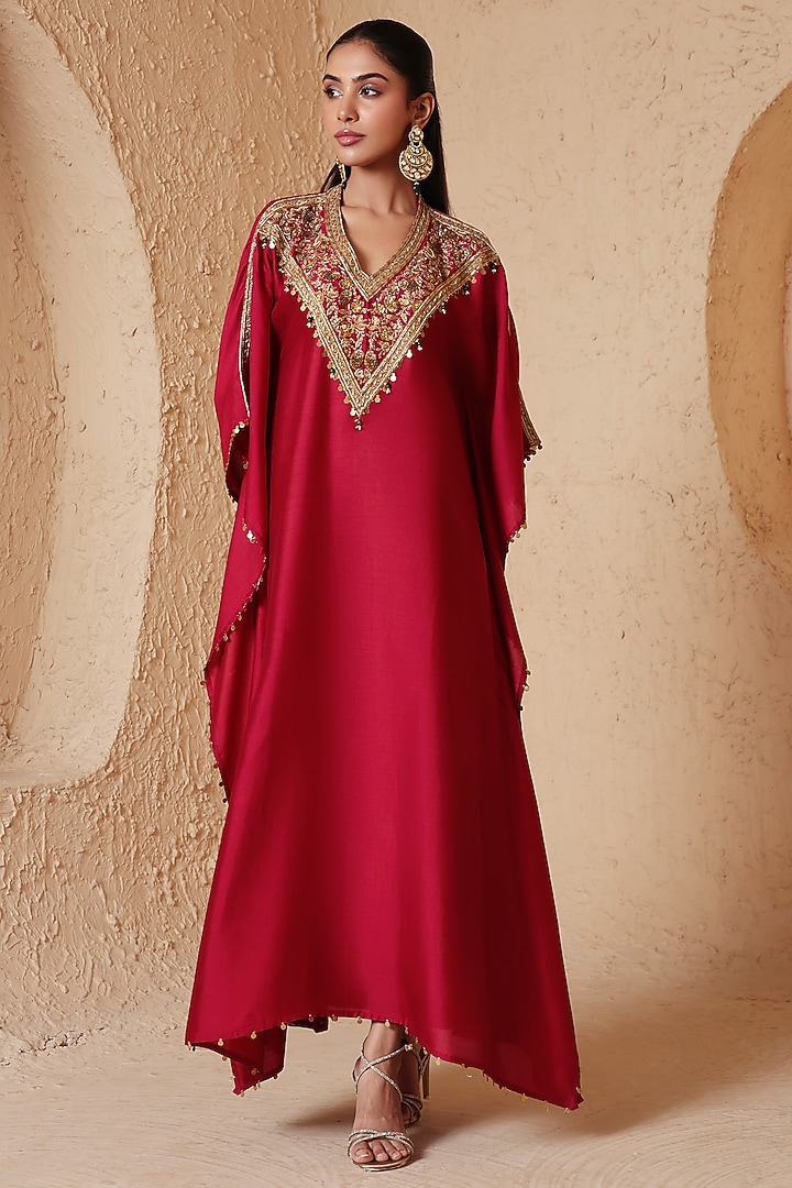 Maroon Chiniya Silk Zardosi Embroidered Kaftan by Niti Bothra at Pernia's Pop Up Shop