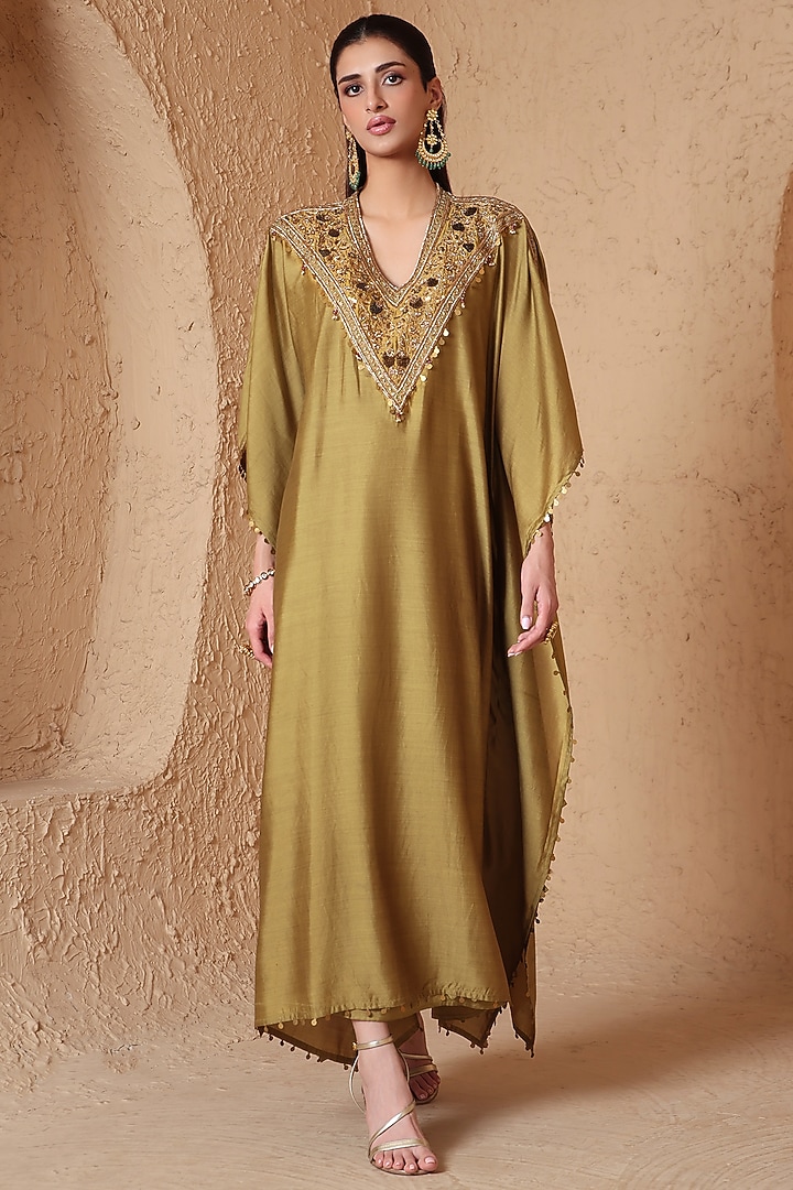 Olive Green Chiniya Silk Zardosi Embroidered Kaftan by Niti Bothra at Pernia's Pop Up Shop