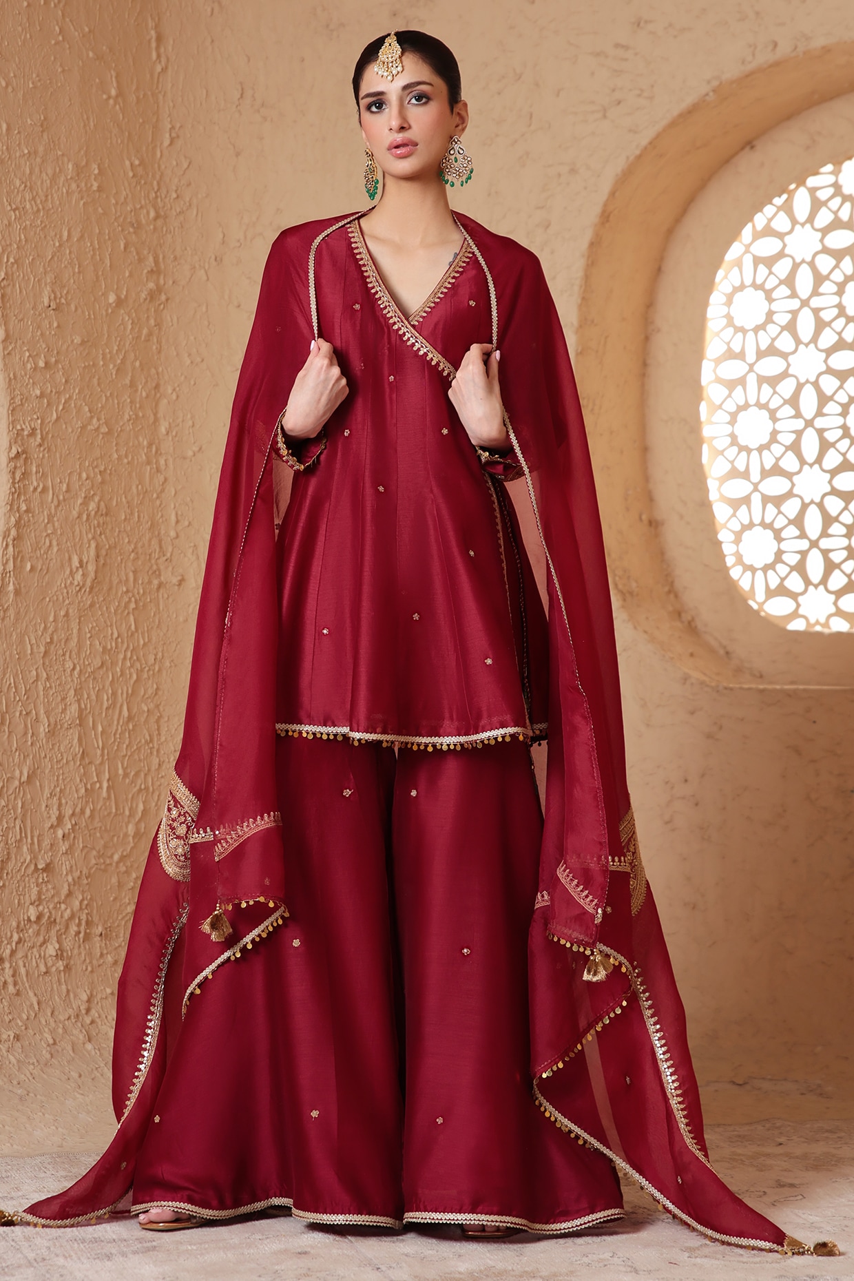 Niti Bothra Maroon Silk Chanderi Dori Embroidered Sharara Set