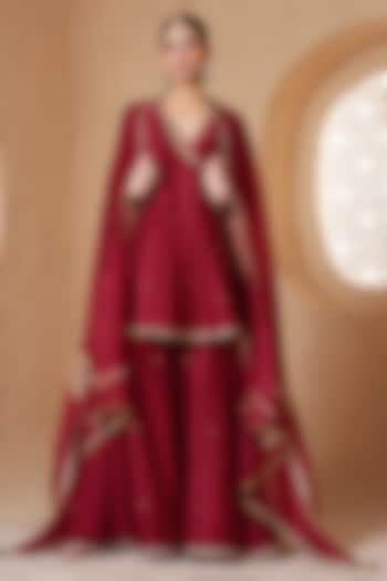 Maroon Silk Chanderi Dori Embroidered Wedding Sharara Set by Niti Bothra at Pernia's Pop Up Shop