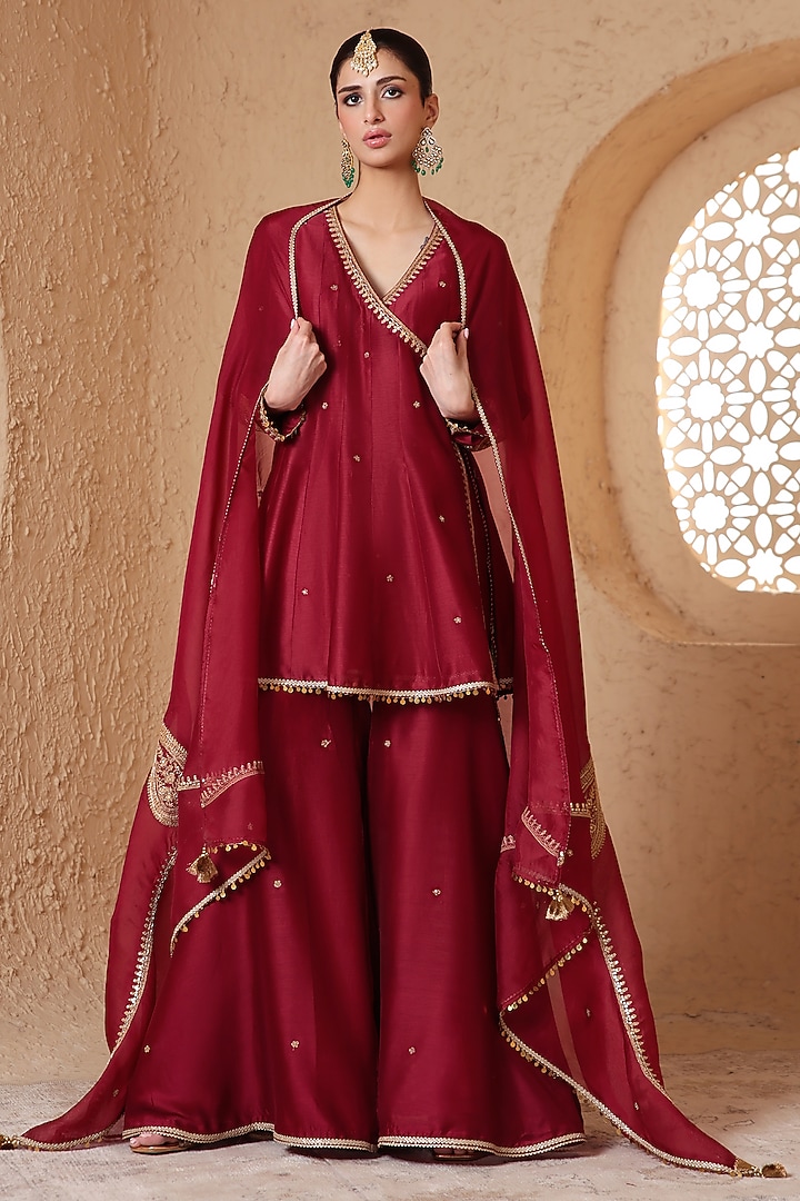 Maroon Silk Chanderi Dori Embroidered Wedding Sharara Set by Niti Bothra at Pernia's Pop Up Shop
