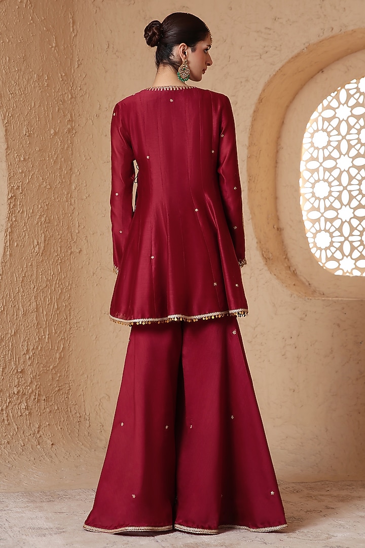 Maroon Silk Chanderi Dori Embroidered Wedding Sharara Set by Niti Bothra at Pernia's Pop Up Shop