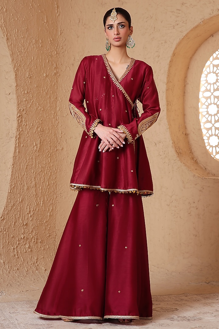 Maroon Silk Chanderi Dori Embroidered Wedding Sharara Set by Niti Bothra at Pernia's Pop Up Shop