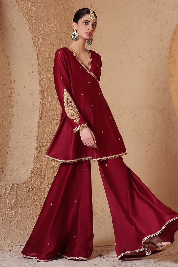 Maroon Silk Chanderi Dori Embroidered Wedding Sharara Set by Niti Bothra at Pernia's Pop Up Shop